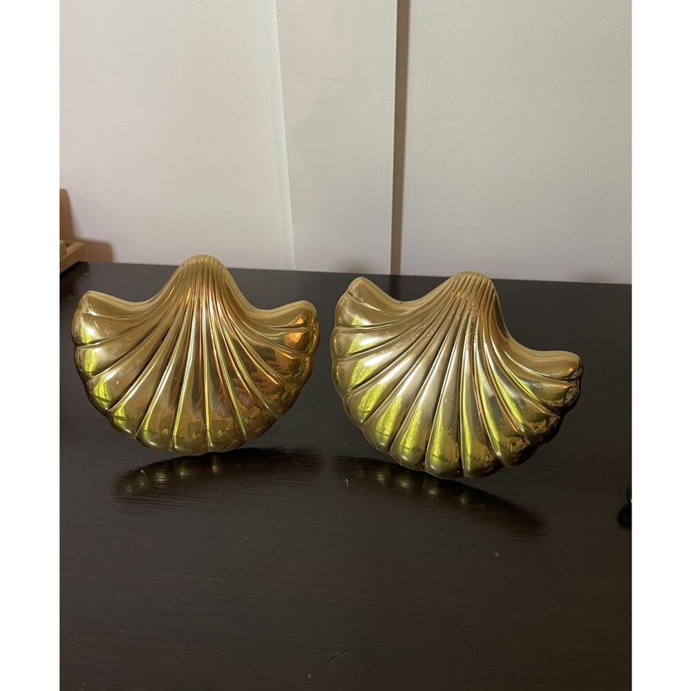 Set of 2 Solid Bright Brass Sea Shell Curtain Tiebacks Vintage 80's 90's Style